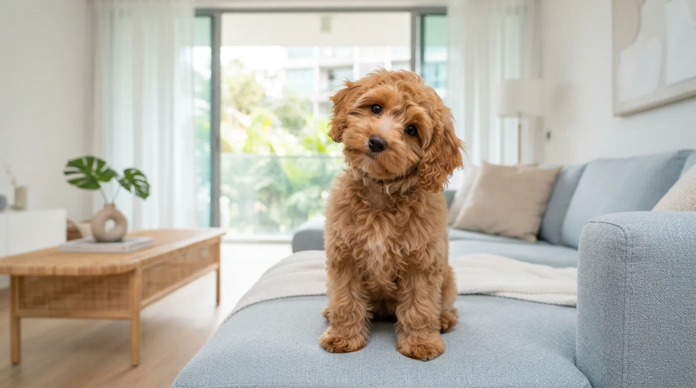 Apricot Cavapoo puppy sitting on a light blue sofa in a bright Singapore living room