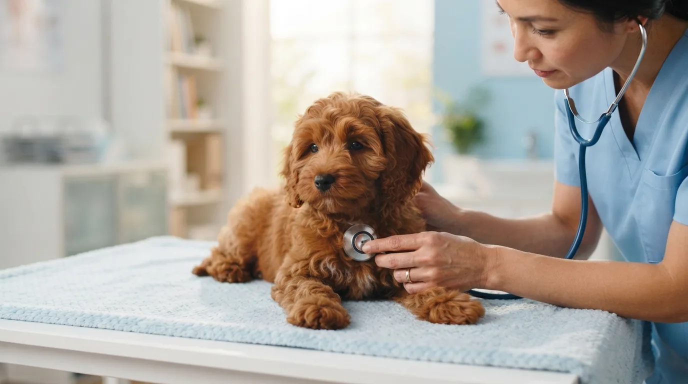 Cavapoo puppy gently examined with a stethoscope at the vet