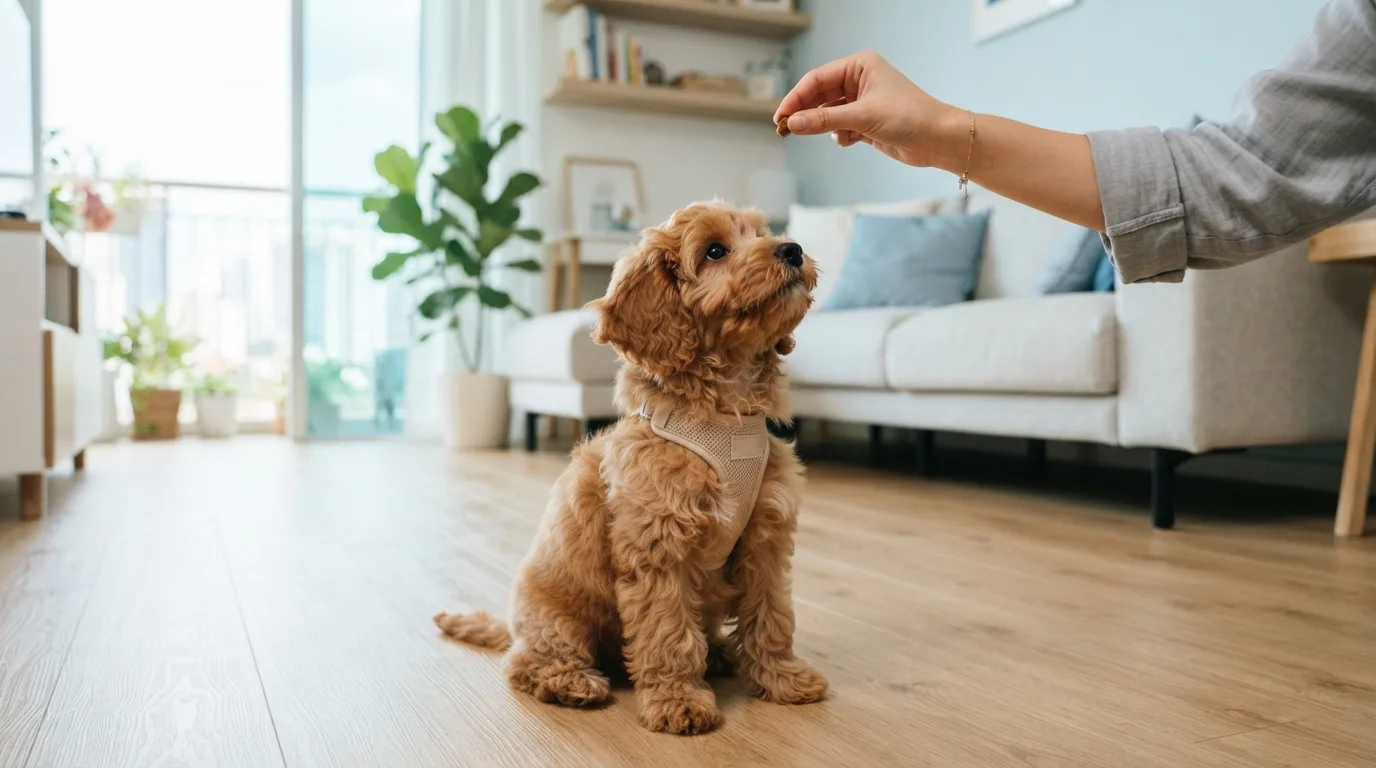Cavapoo focusing on a training treat