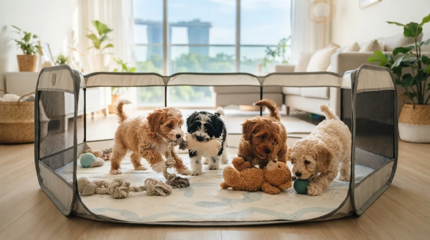 Litter of Cavapoo puppies playing together in a playpen