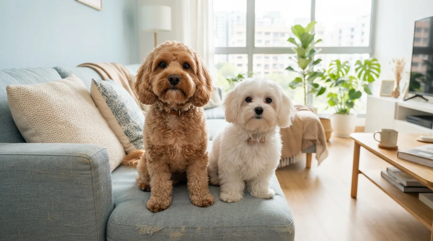 Cavapoo and Maltipoo together on a sofa