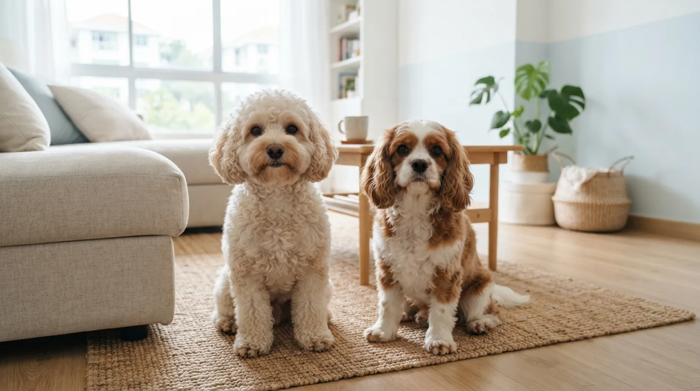Cavapoochon beside a Cavapoo