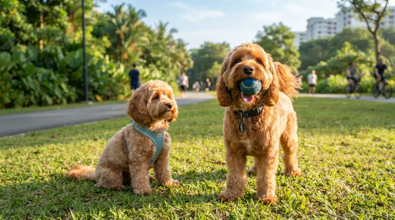 Cockapoo with a ball beside a calm Cavapoo