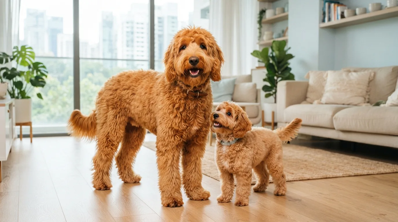 Large Goldendoodle next to a small Cavapoo