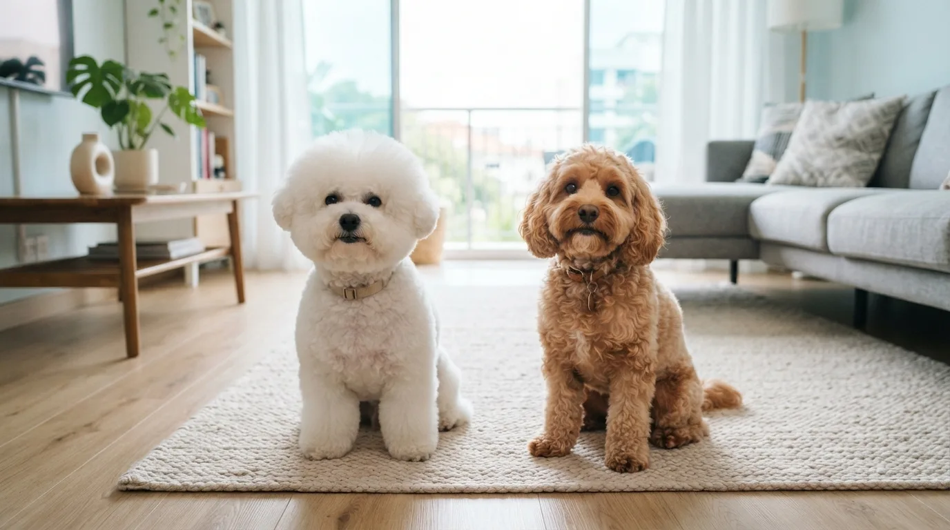 Bichon Frise beside a Cavapoo