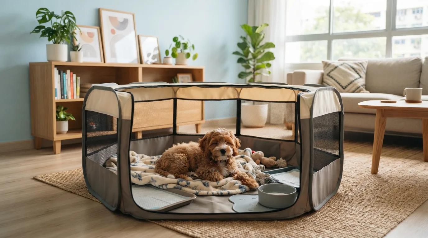 Blenheim Cavapoo resting in a playpen corner of an HDB flat living room