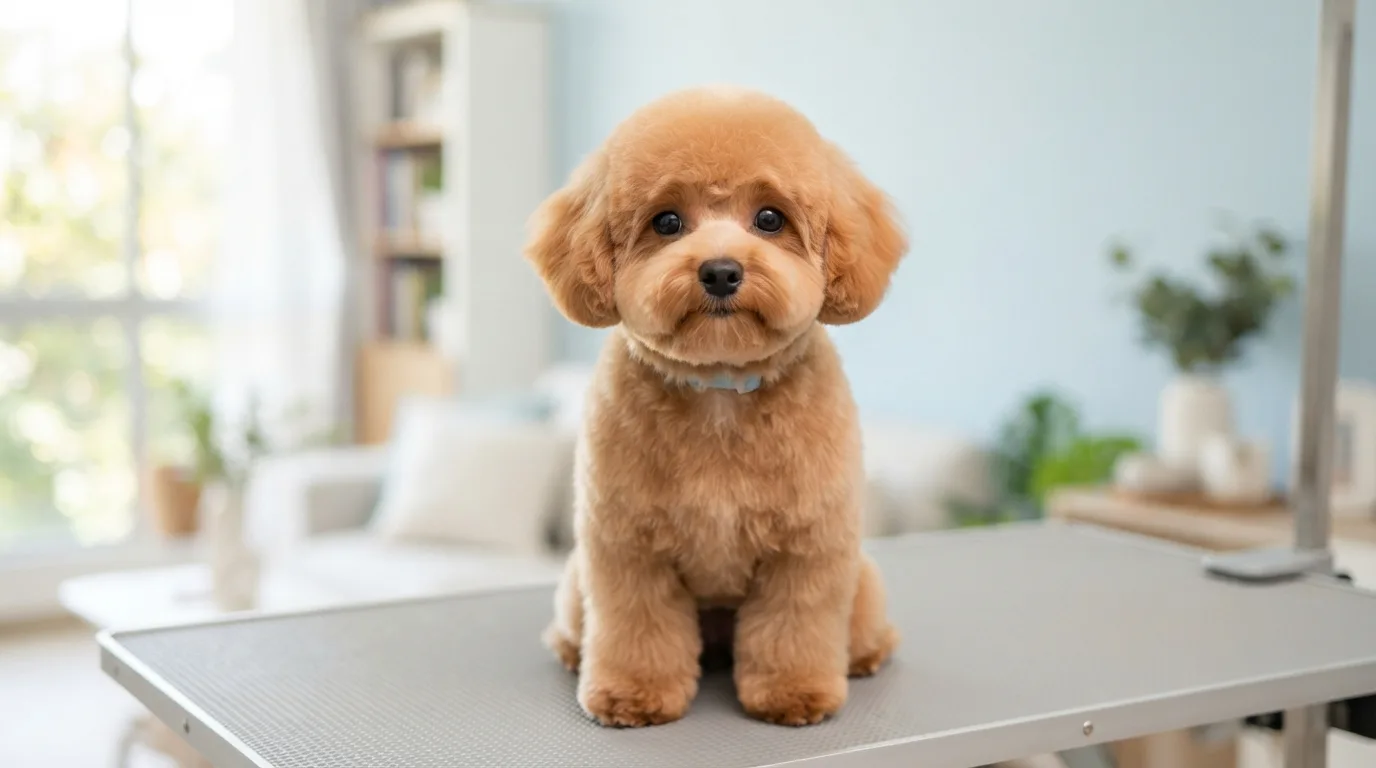 Cavapoo with a fresh teddy bear haircut