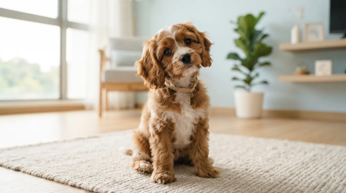 Cavapoo with head tilted looking thoughtful