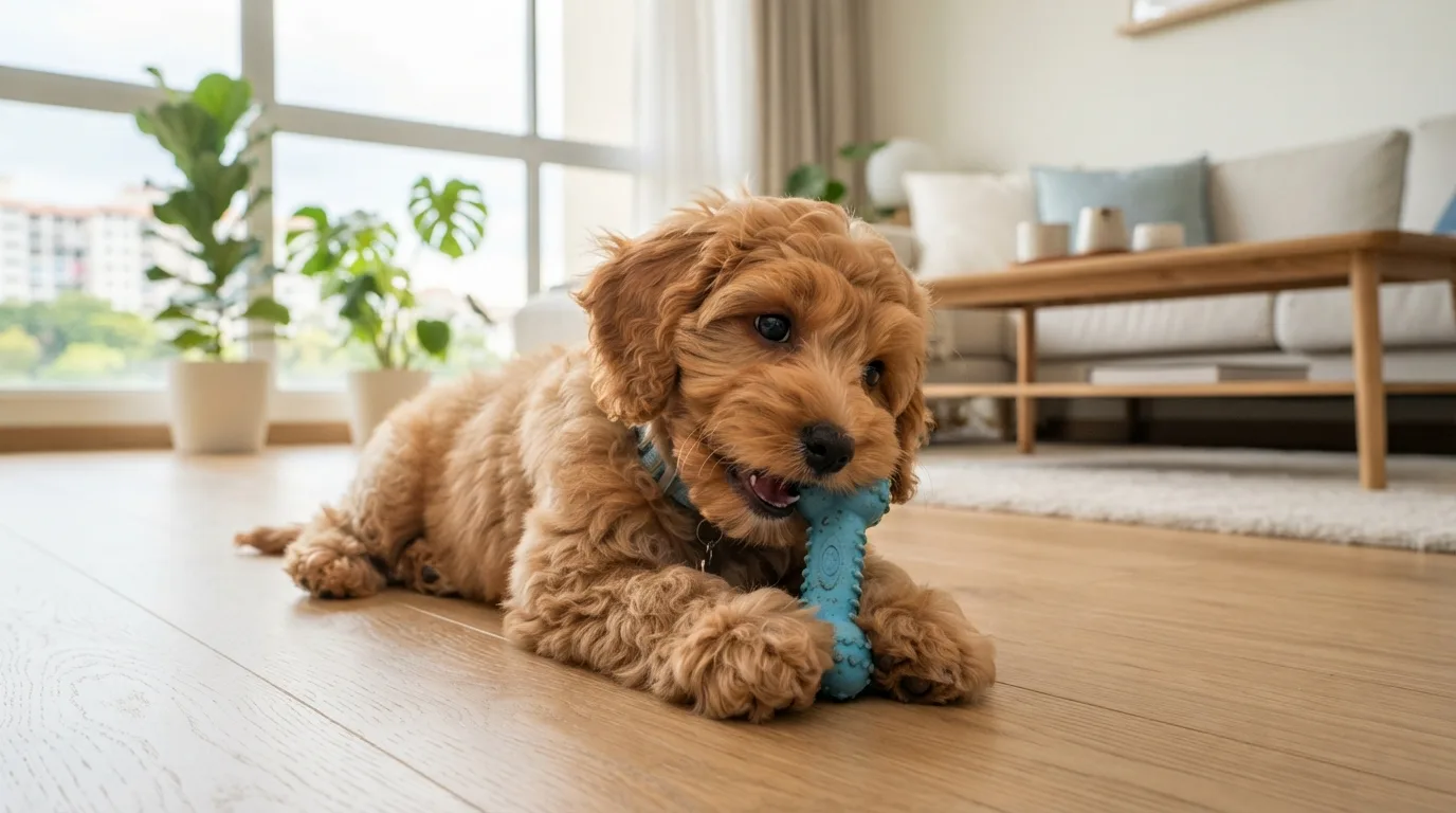 Cavapoo puppy chewing a rubber toy