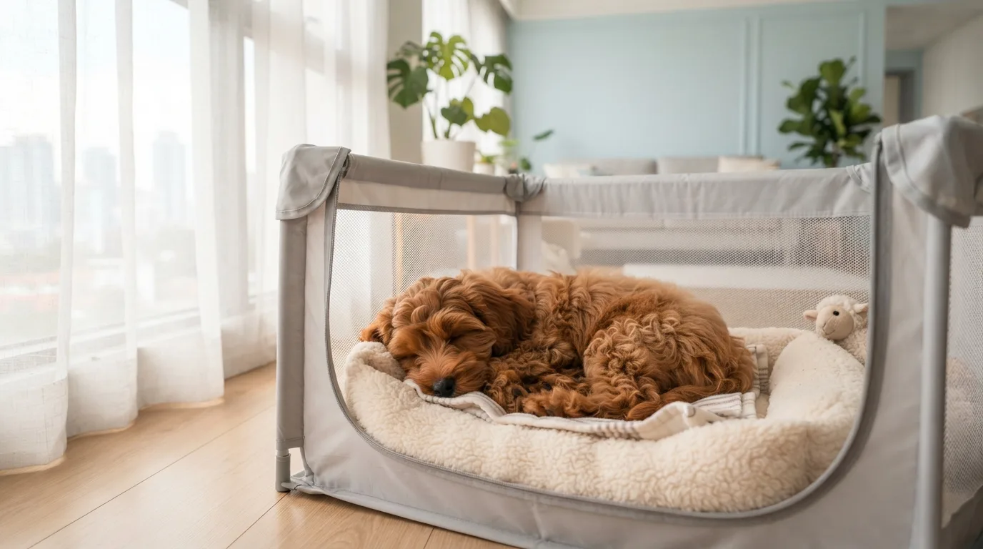 Cavapoo napping peacefully in its playpen