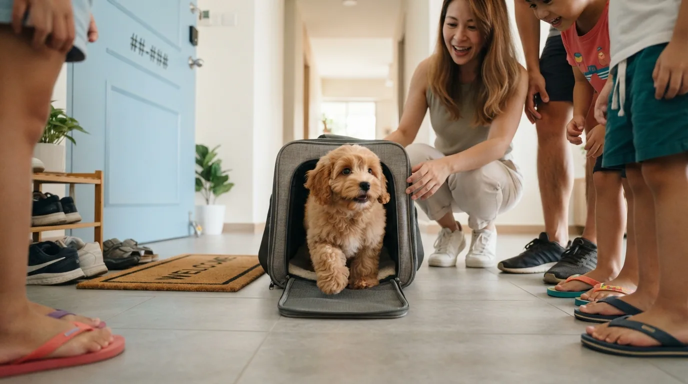 Cavapoo puppy arriving home in a carrier