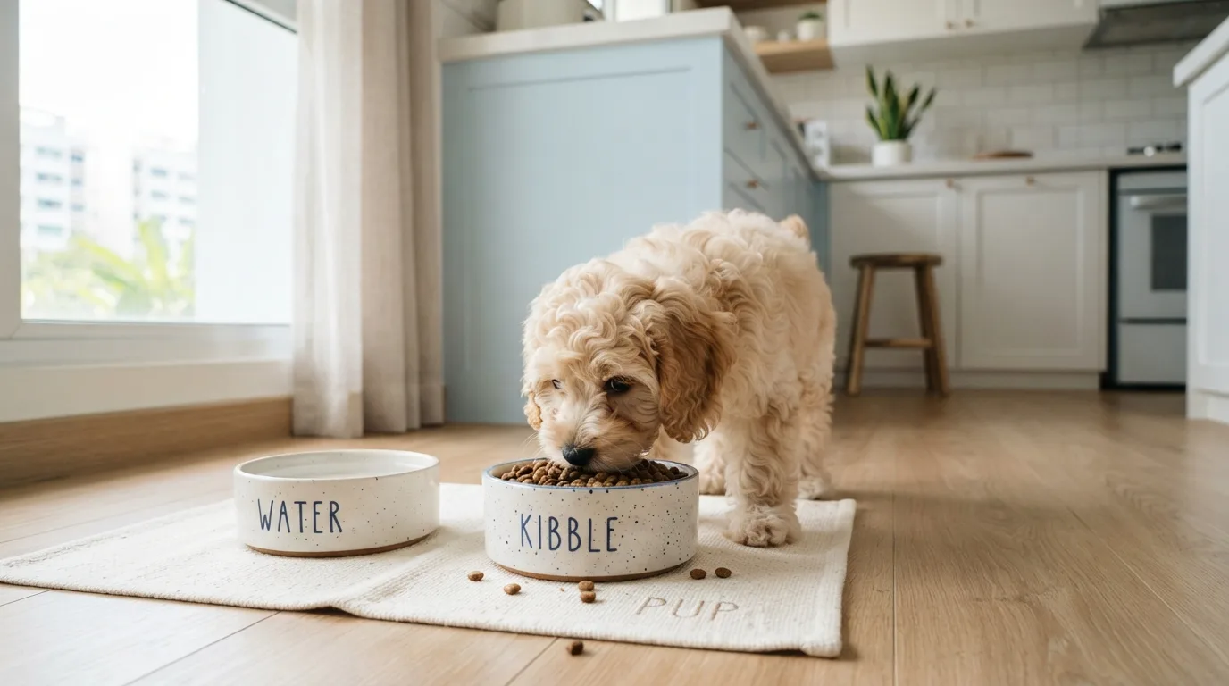 Cavapoo puppy eating kibble from a bowl