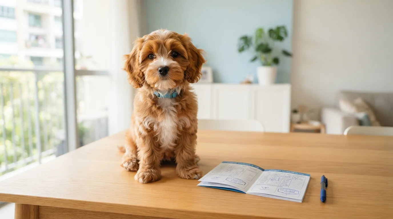 Cavapoo puppy beside an open vaccination record booklet