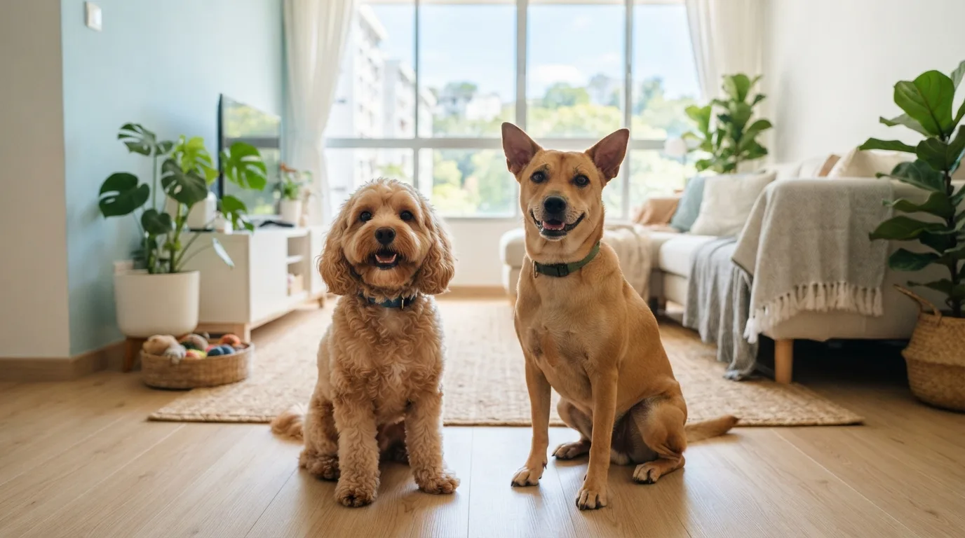 Cavapoo beside a local mixed-breed dog