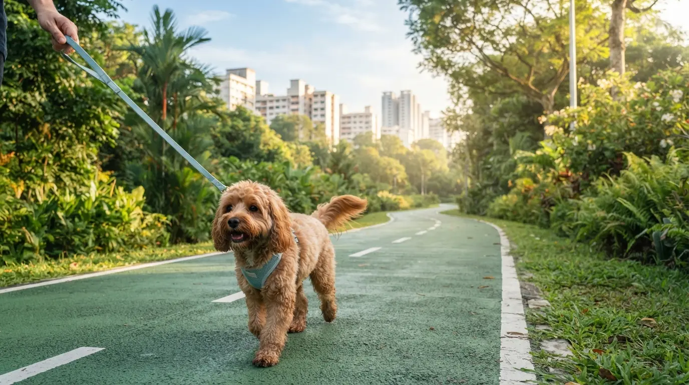 Cavapoo walking along a Singapore park connector