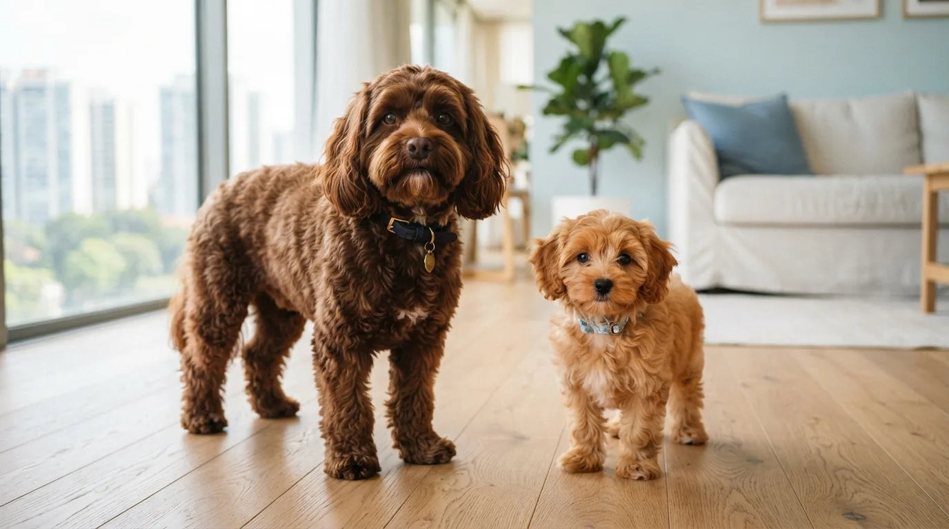 Adult Cavapoo standing next to a Cavapoo puppy showing the size difference