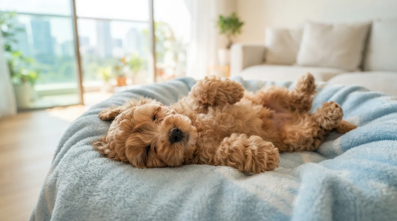 Cavapoo puppy sleeping deeply on a soft bed