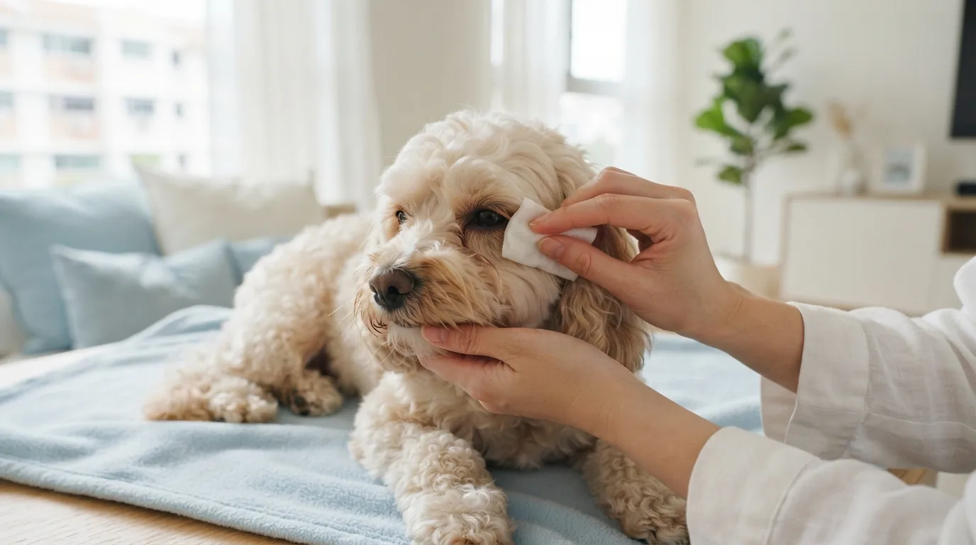 Gently wiping a Cavapoo’s eye corners clean