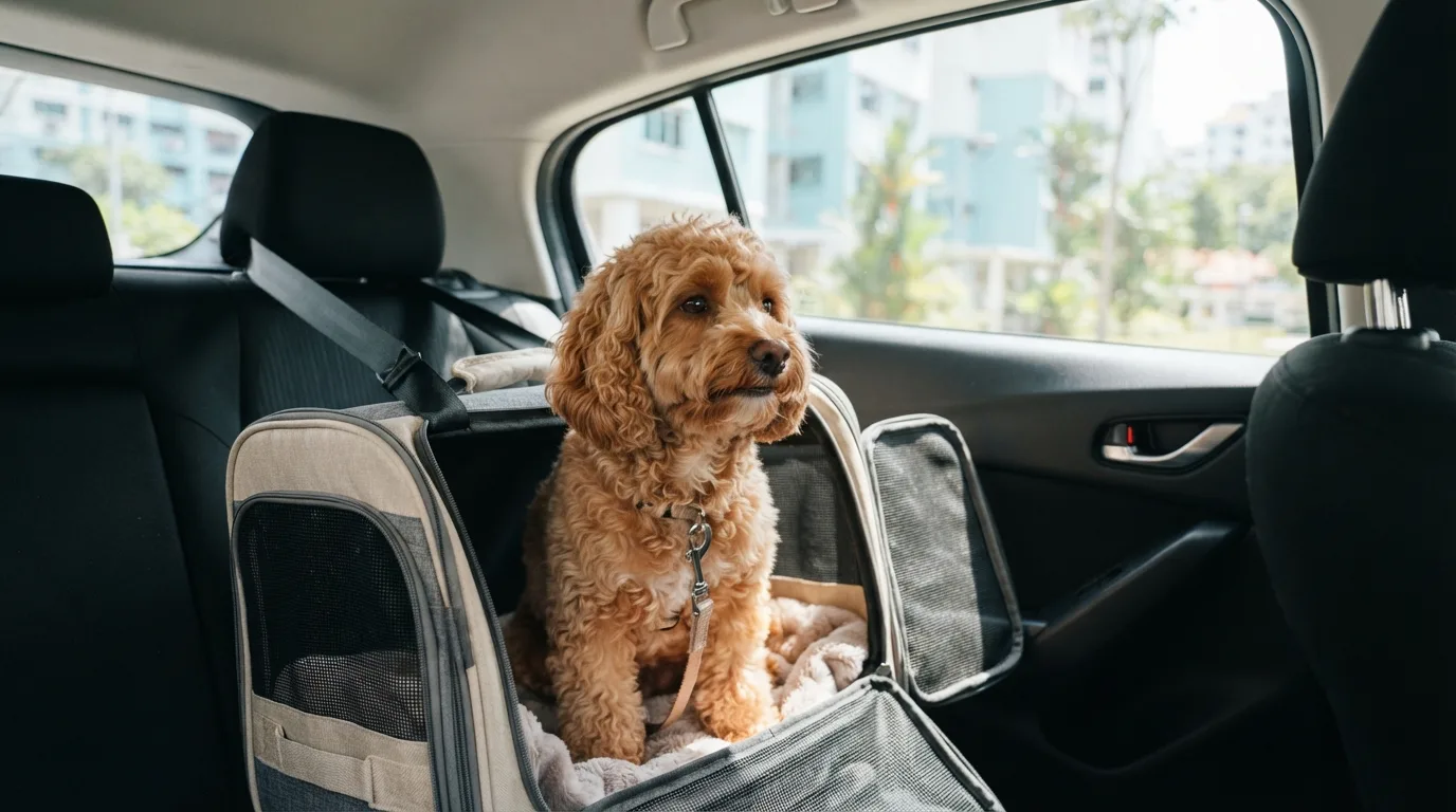 Cavapoo in a carrier on a car seat