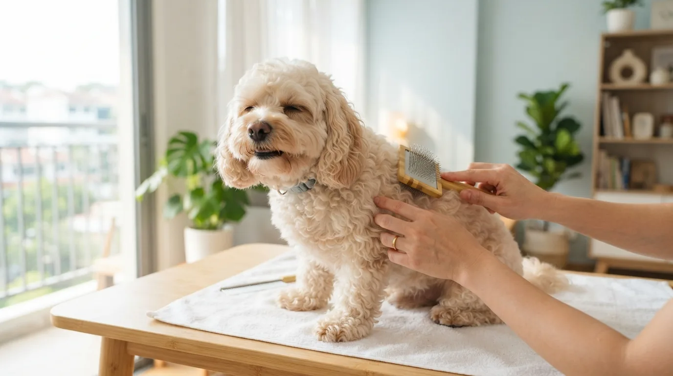Cavapoo being brushed with a slicker brush