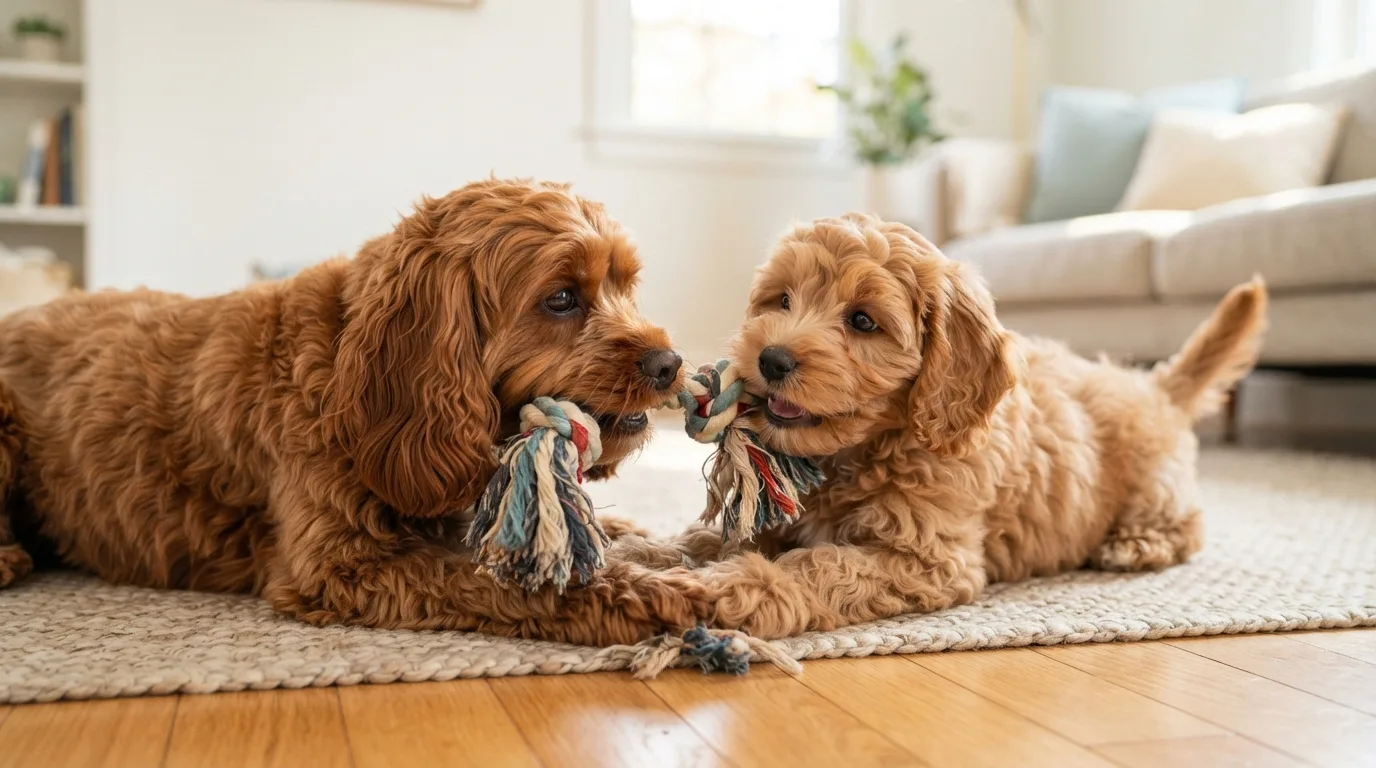 Two Cavapoos playing with a rope toy