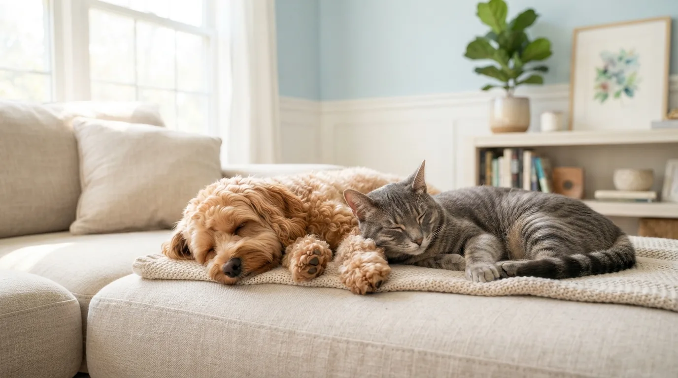 Cavapoo relaxing next to a cat on a sofa