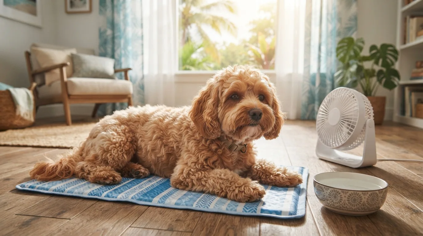 Cavapoo on a cooling mat indoors