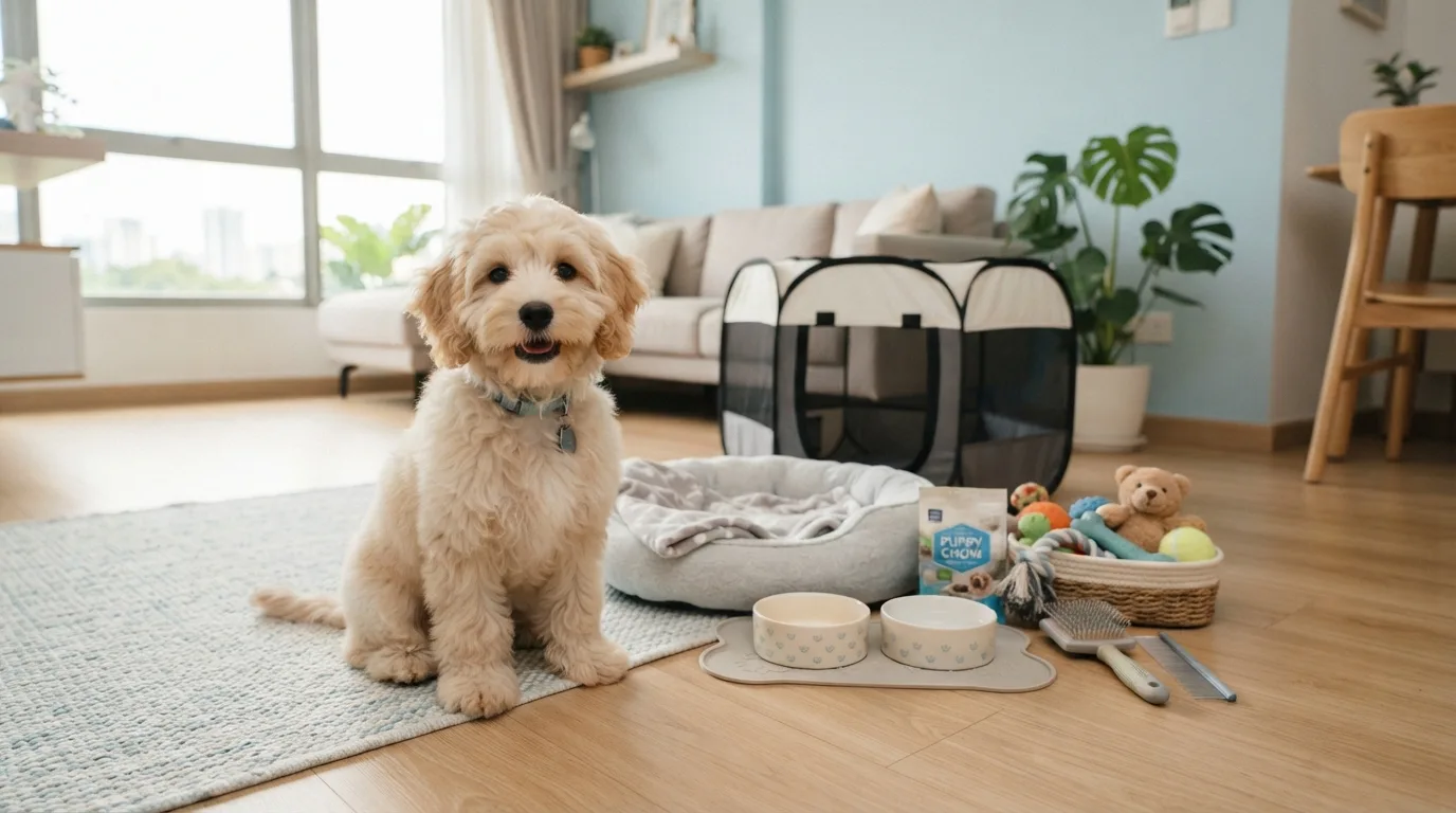 Cavapoo puppy beside the 30-item starter kit included in the all-in price