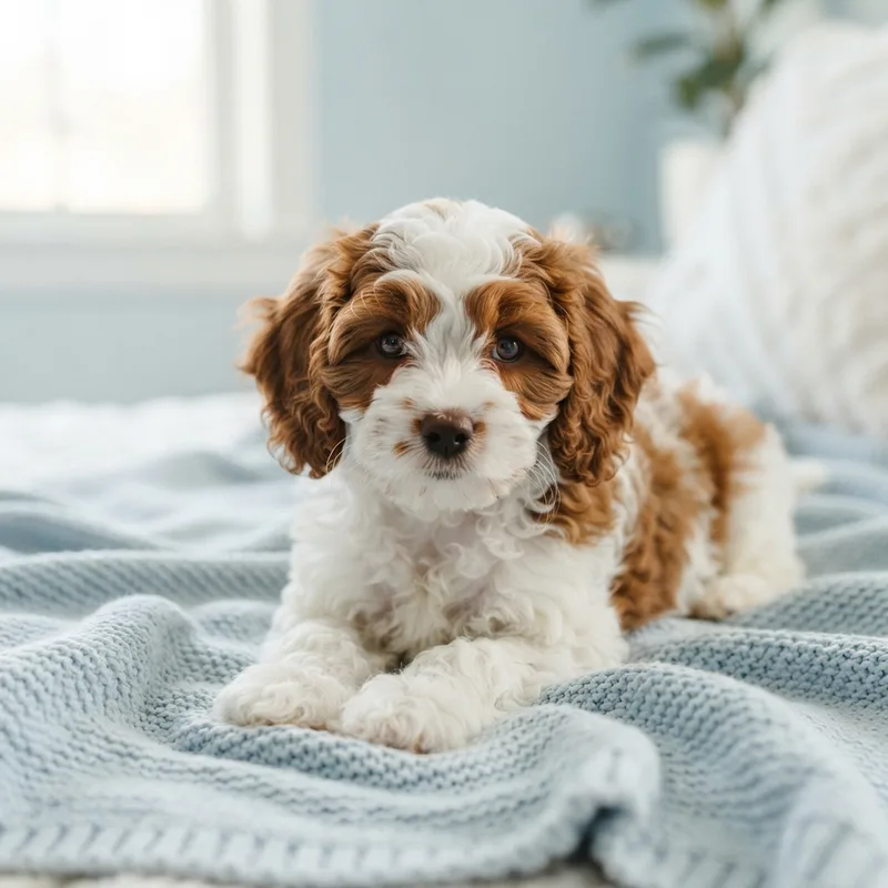 White and brown parti Cavapoo puppy for sale in Singapore