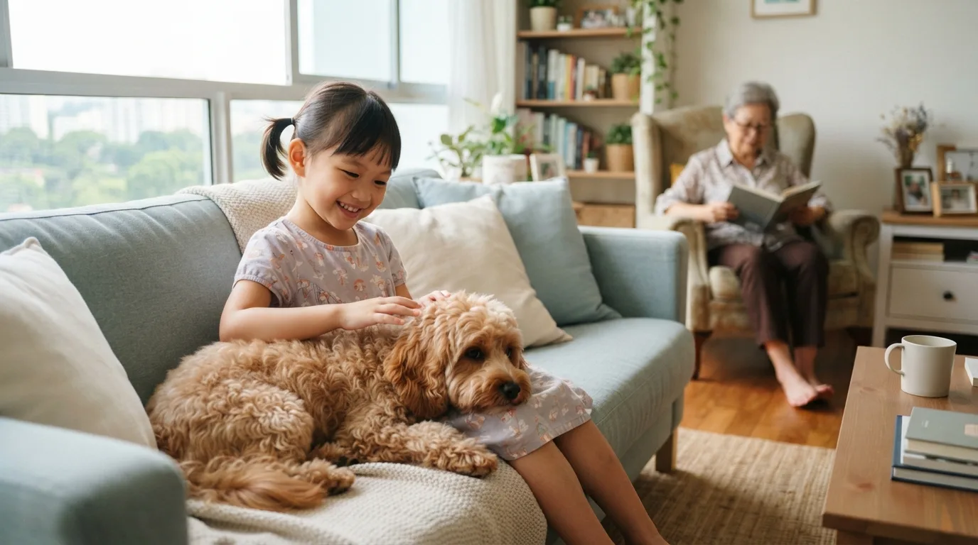 Gentle Cavapoo cuddled by a young child on a family sofa