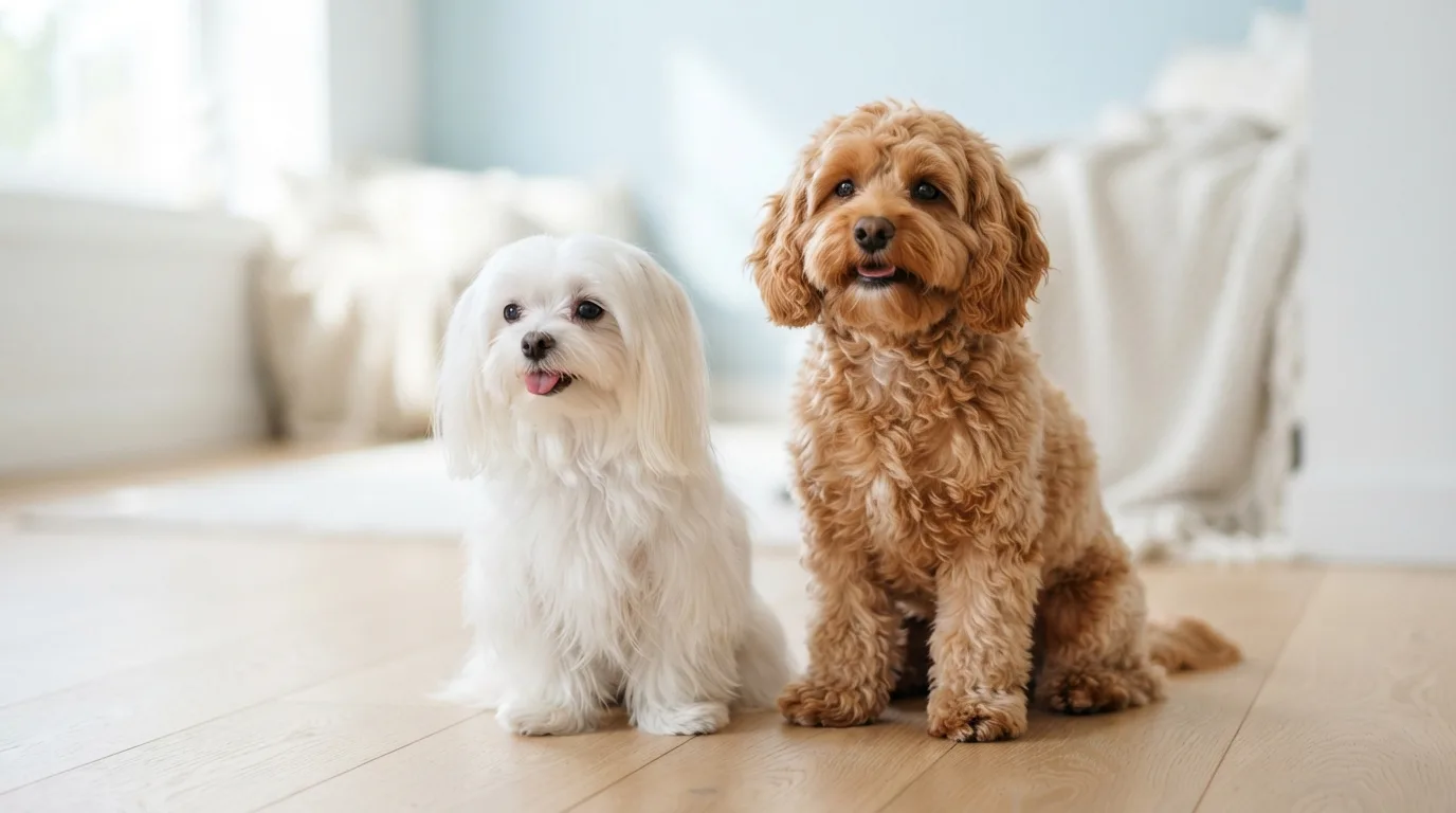 Maltese beside a Cavapoo
