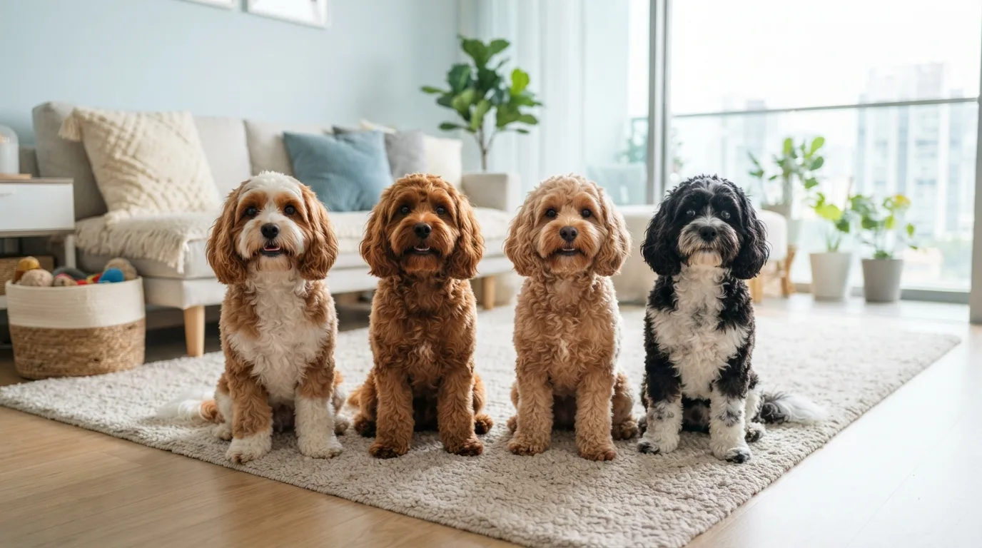 Four Cavapoos with different coat colours sitting in a row