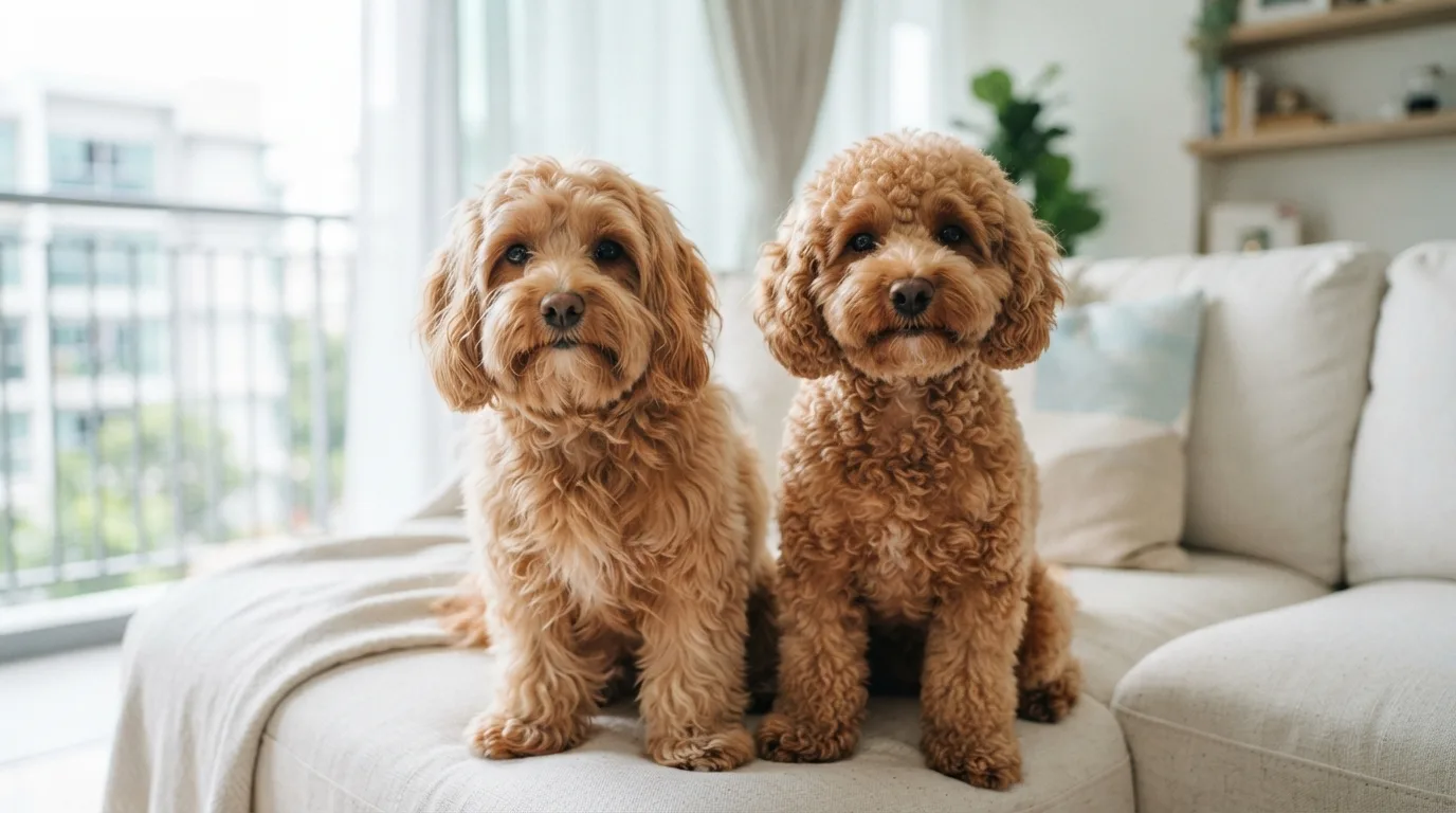 Two Cavapoos side by side showing wavy and curly coat textures