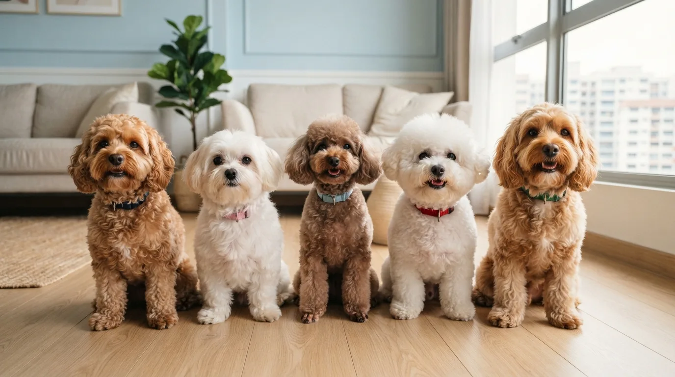 Lineup of small companion breeds including a Cavapoo, Maltipoo and Toy Poodle